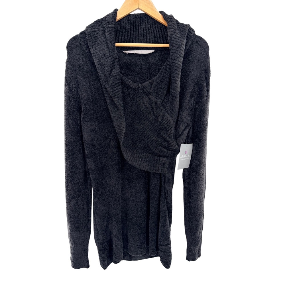Athleta Sochi Cozy Black Hooded Wrap Sweater Size Large NWT Soft Plush Knit